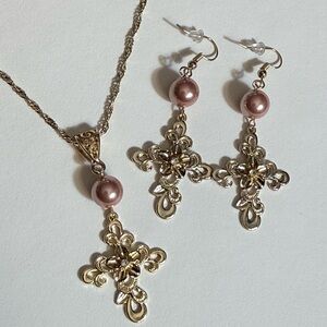 Cross Necklace and Earring Set Pink and Gold Tone - New